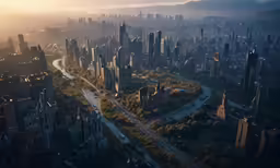 a large city from an airplane looking down on a busy street