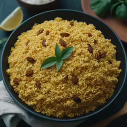 a bowl full of rice with nuts and fresh basil
