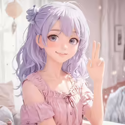 a girl with long purple hair sitting on a bed