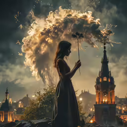 a beautiful lady holding an umbrella surrounded by smoke