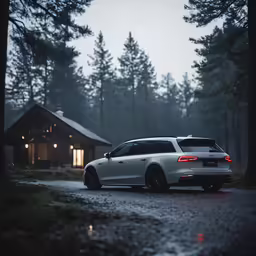 the car is driving through the dark forest