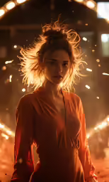a woman standing in front of sparklers in the background