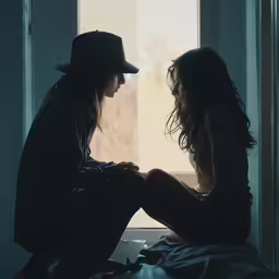 a couple of people sitting in front of a window