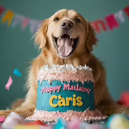 a golden retriever is smiling for the camera while he looks at the camera with his mouth open