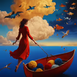a painting of a woman in red floating in the water,a woman in red standing on a boat