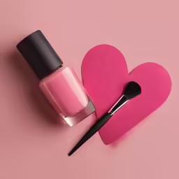 pink nail polish, heart shaped felt and brush against pink background