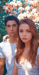 a young couple is shown from the neck down,a couple sitting in the shade with flowers