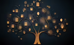 an art nouveau tree is lit up with lanterns