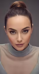 a woman with a messy top knot and a high ponytail looks down at the camera