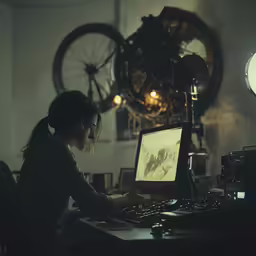 a woman sitting at her desk with a computer on her desk