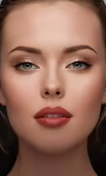 a woman with red lipstick and gold eyeshadow