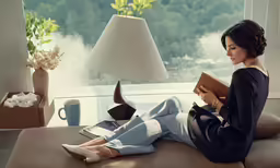 the woman in her office look to be studying on a couch