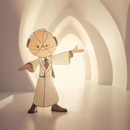 paper art of a cartoon character in the middle of an artistic room