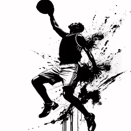 black and white drawing of basketball player jumping up into the air
