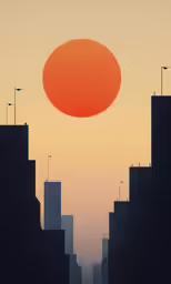 the sun rising in between two buildings at night