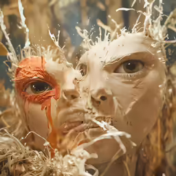 a woman in white paint and a red face with white feathers around her
