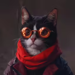 a cat wearing sunglasses with a red scarf around it