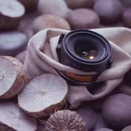 a lens sits on a cloth surrounded by rocks