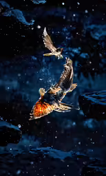 two birds are flying around a goldfish