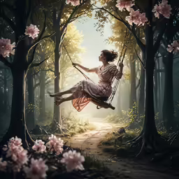 a woman sitting on a swing in the middle of the forest