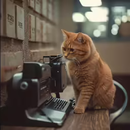 an orange tabby cat sitting on a wooden table next to a laptop
