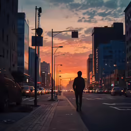 a person walks down the street as the sun sets in a city