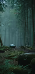 a car is driving down a mossy road