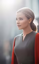 a woman in an grey dress and a red cape