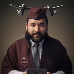 a man wearing a brown outfit and a tie, holding a tablet computer in his hands