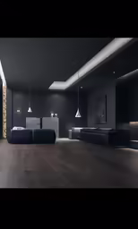 the dark lounge is clean and modern with no one sitting at it