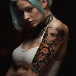 a woman with tattoos on her arm and shoulder