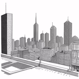 black and white line art of buildings in new york city,a drawing of the city skyline in pen and ink,the city skyline as seen from above, in ink drawing,some very large city buildings in a big city,pencil drawing of cityscape in the cityscape with black and white background