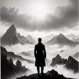 a person with a sword standing on a rock