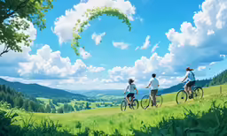 three people ride bicycles over the grass with a view of the mountains