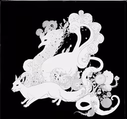 a black and white print with an image of two cats flying over the water,a black and white print of a cat chasing an object