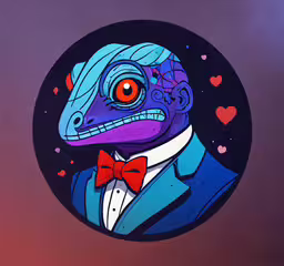 the character blue iguan wearing a suit, bow tie and red tie with hearts around him,a blue lizard in a blue suit and red bow tie