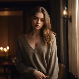 a woman in a gray sweater standing in front of windows