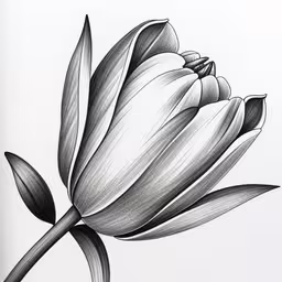 a black and white photo of a flower,the flower is black and white, but it is not,black and white drawing of a large flower,a drawing of a flower, it looks like black and white,the stem of a flower is visible in this black and white drawing