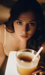 a young woman posing for a picture holding an orange drink