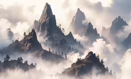 there are several mountains in the mist covered valley