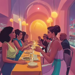 a group of women sitting at a table eating food