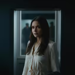a beautiful young woman stands in front of a window