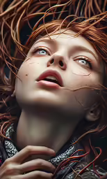 a woman with wavy hair is looking up