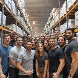 a group of people standing in a warehouse