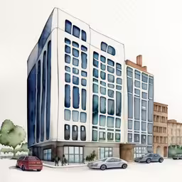 watercolor painting of an office building in front of two buildings,a watercolor painting of cars and a building,a painting shows an office building surrounded by parked cars,an illustration of a building that appears to be in the middle of a city,a watercolor drawing of a modern office building with several vehicles parked in front