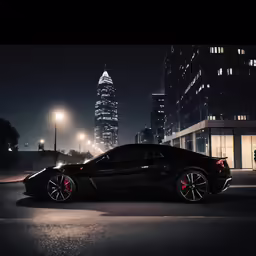 a sports car is parked in front of tall buildings