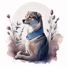 a dog sitting in front of flowers
