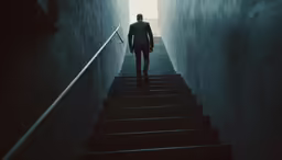 the man is walking down stairs that lead to an upstairs hall