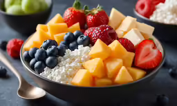 a white and black bowl with assorted fruits