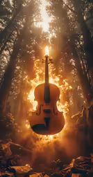 a violin in flames that appears to have been broken